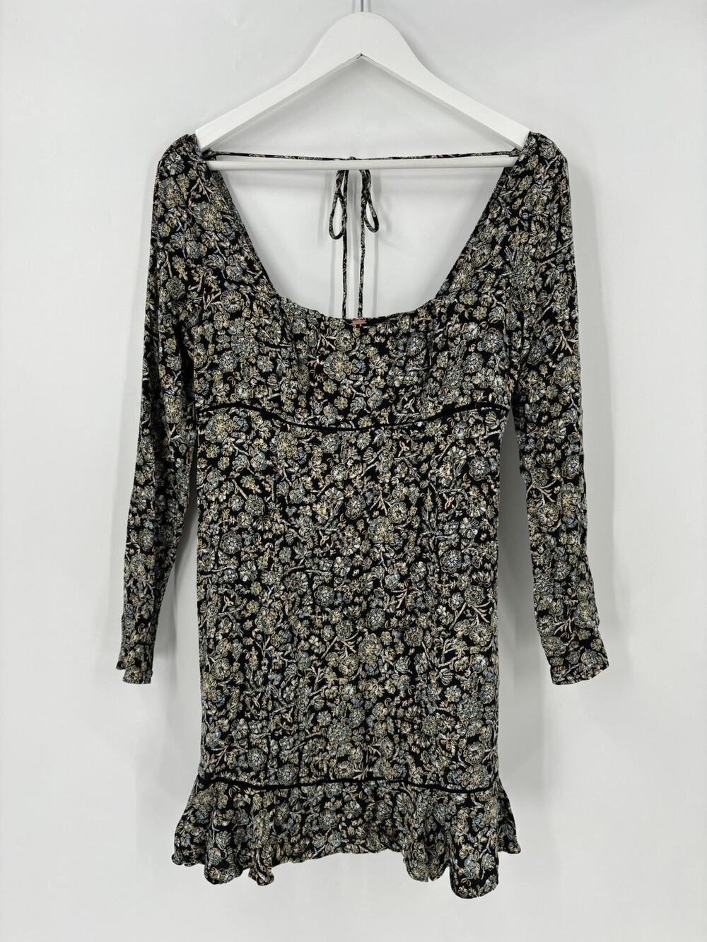 Free People Boheme Floral Boho Mini Dress Women 12 Black Scoop Neck Empire Waist